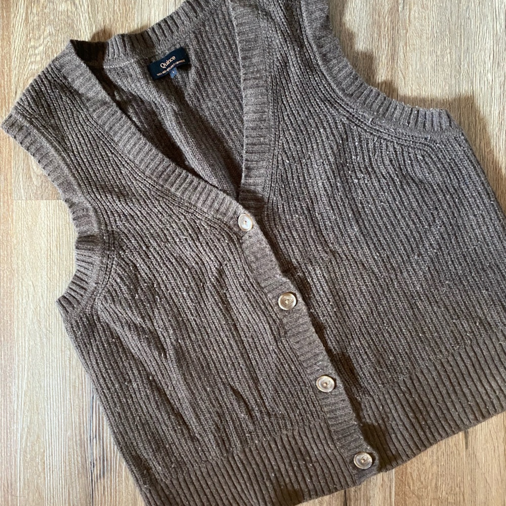 Quince Mongolian fisherman cashmere women’s vest sweater brown v-neck L large - Picture 2 of 5